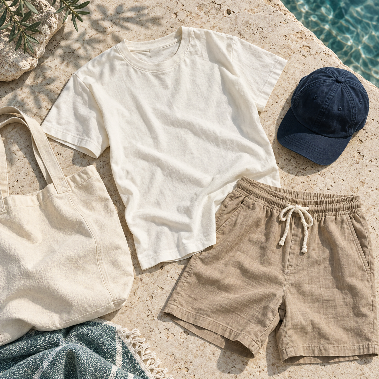 AI-generated flat lay of coastal clothing